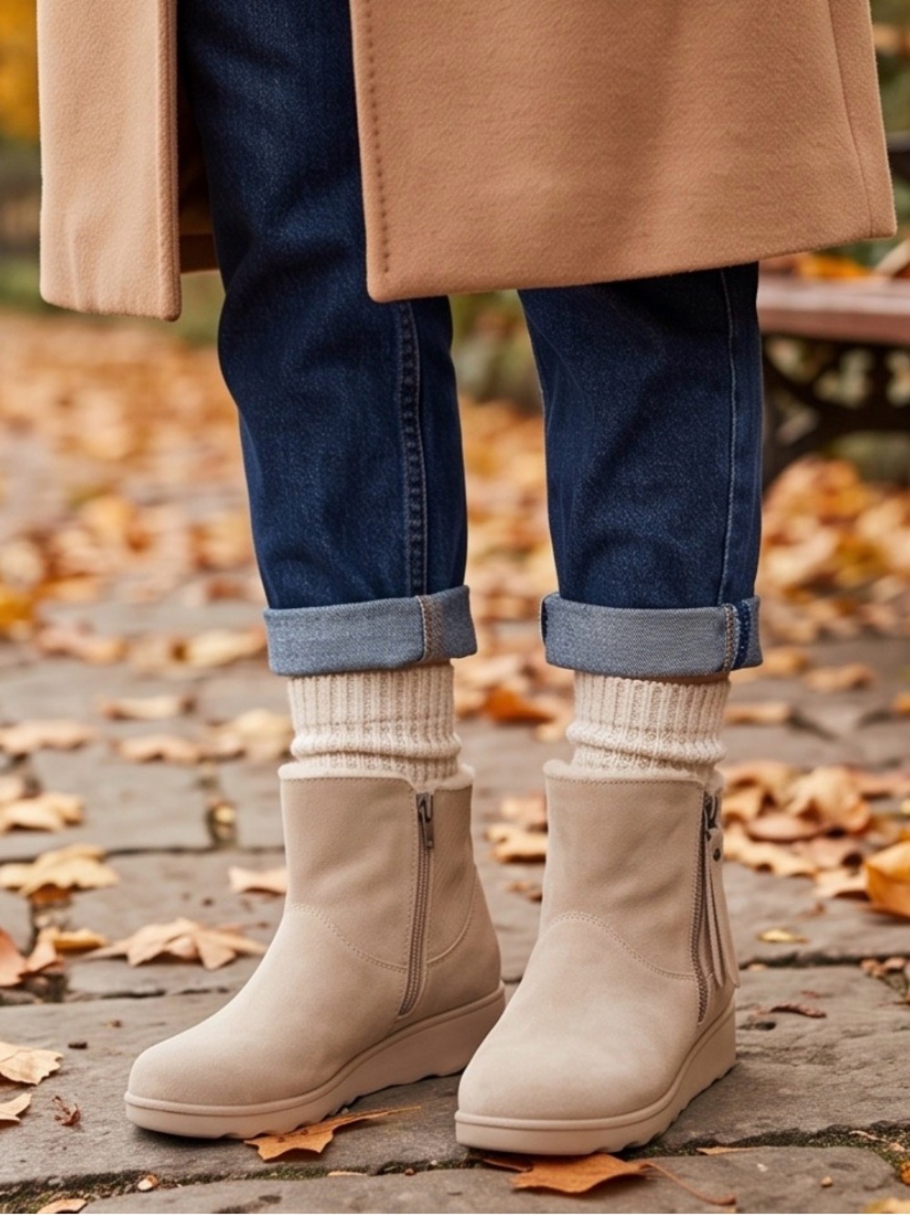BearPaw Meagan II Oat Suede Wedge Ankle Boots Womens Size 7 Zipper Booties